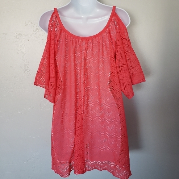 Miken Swim Women's Small Coral Pink Cold Shoulder Lace Swim Cover Up Beach Lake - Picture 7 of 8